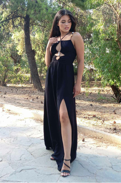 Φόρεμα λινό με ανοιγματα και χρωματιστες πετρες - Μαυρο